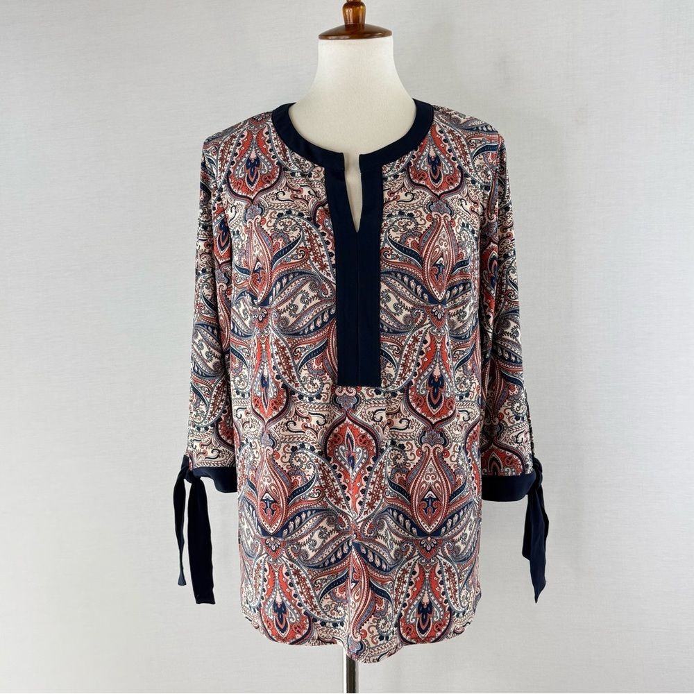 WESTPORT 162 Red Cream Black Blue Paisley Tie-Sleeve Tunic Top